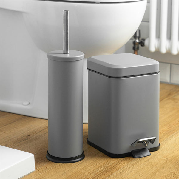 Nicola Spring Matt Grey Round Toilet Brush & Square Bin Set