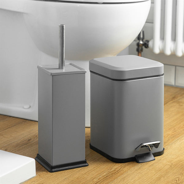 Nicola Spring Matt Grey Square Toilet Brush & Bin Set