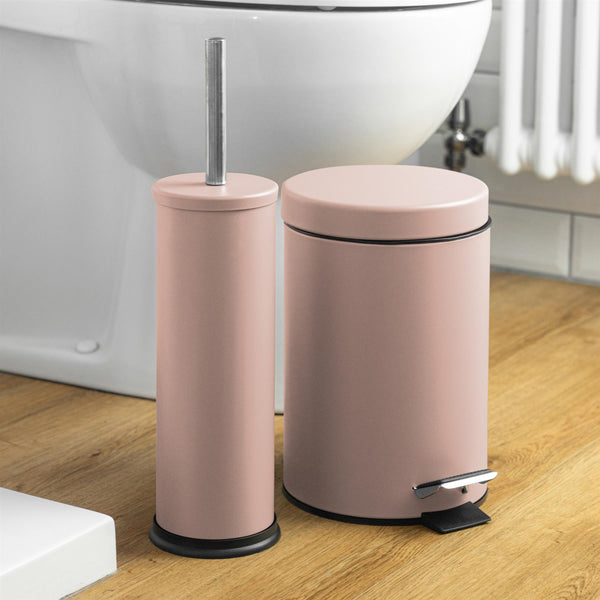 Nicola Spring Matt Pink Round Stainless Steel Toilet Brush & Bin Set