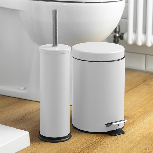 Nicola Spring Matt White Round Stainless Steel Toilet Brush & Bin Set