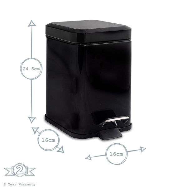 Nicola Spring 3L Black Square Bathroom Pedal Bin