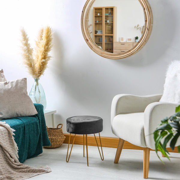 Nicola Spring Black Round Velvet Footstool