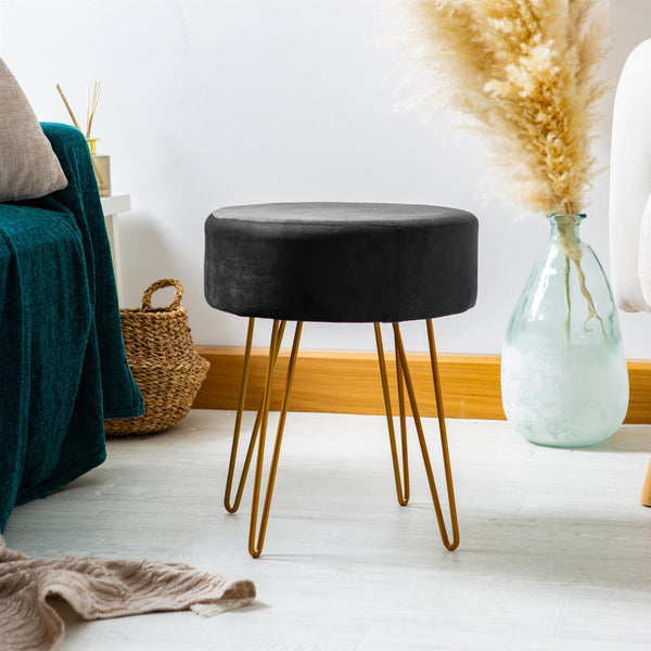 Nicola Spring Black Round Velvet Footstool