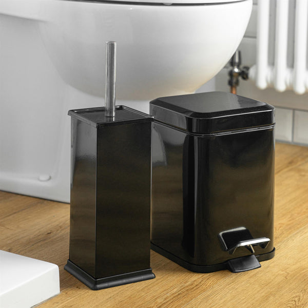 Nicola Spring Black Square Toilet Brush & Bin Set