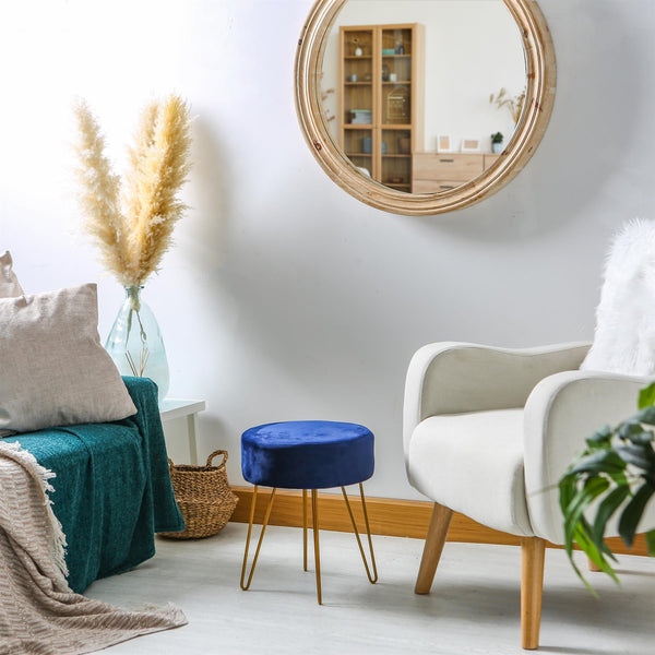 Nicola Spring Blue Round Velvet Footstool