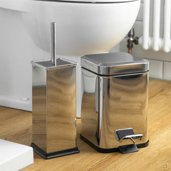 Nicola Spring Chrome Square Toilet Brush & Bin Set