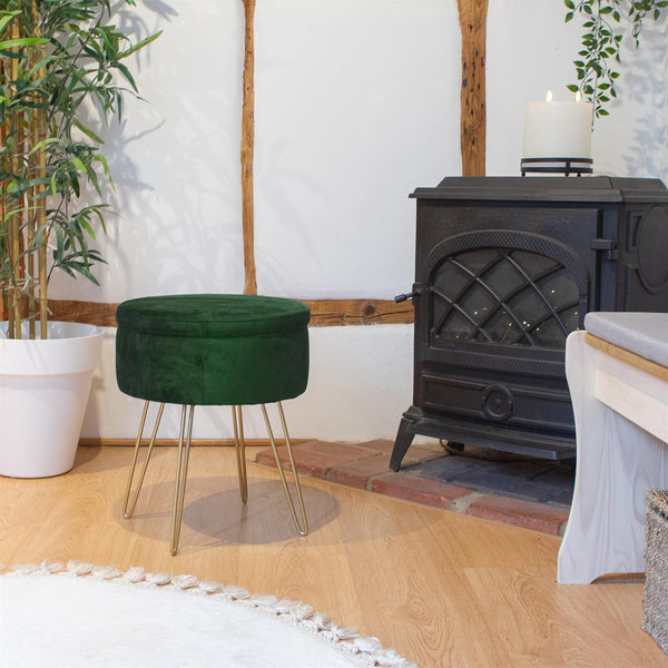 Nicola Spring Green Round Velvet Storage Footstool
