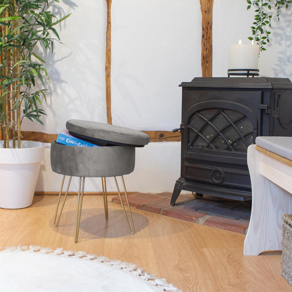 Nicola Spring Grey Round Velvet Storage Footstool
