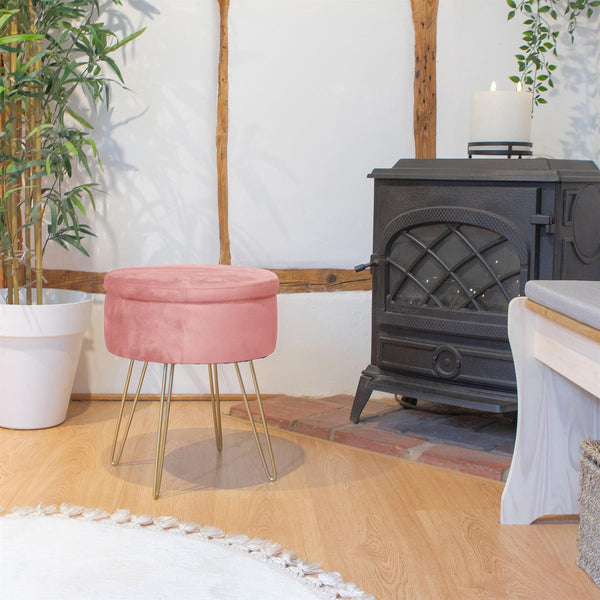 Nicola Spring Pink Round Velvet Storage Footstool