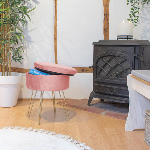 Nicola Spring Pink Round Velvet Storage Footstool
