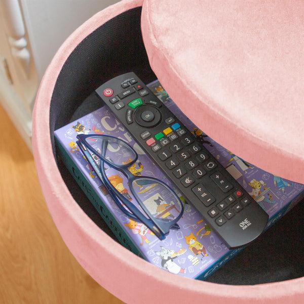 Nicola Spring Pink Round Velvet Storage Footstool