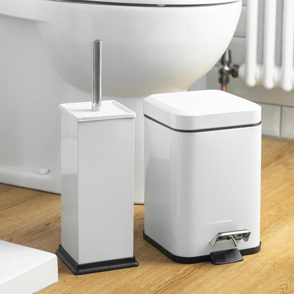 Nicola Spring White Square Toilet Brush & Bin Set