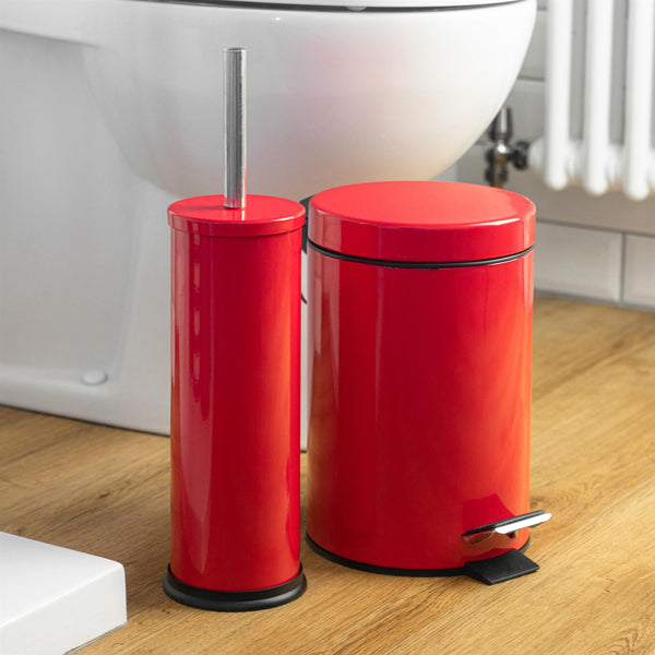 Nicola Spring Red Round Stainless Steel Toilet Brush & Bin Set
