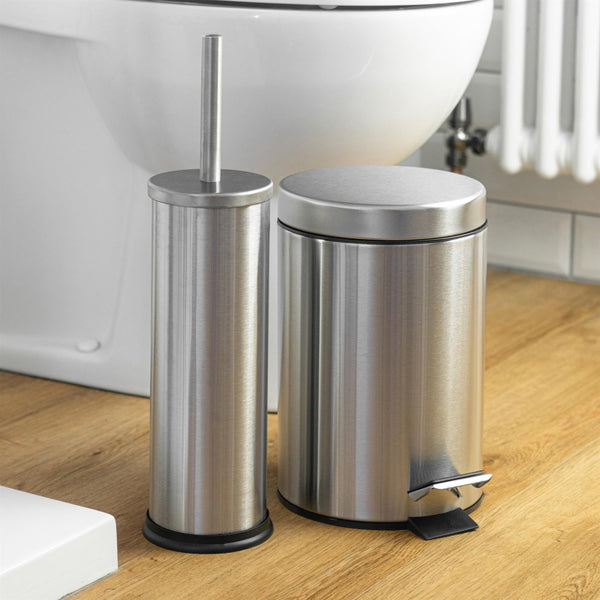Nicola Spring Round Brushed Stainless Steel Toilet Brush & Bin Set