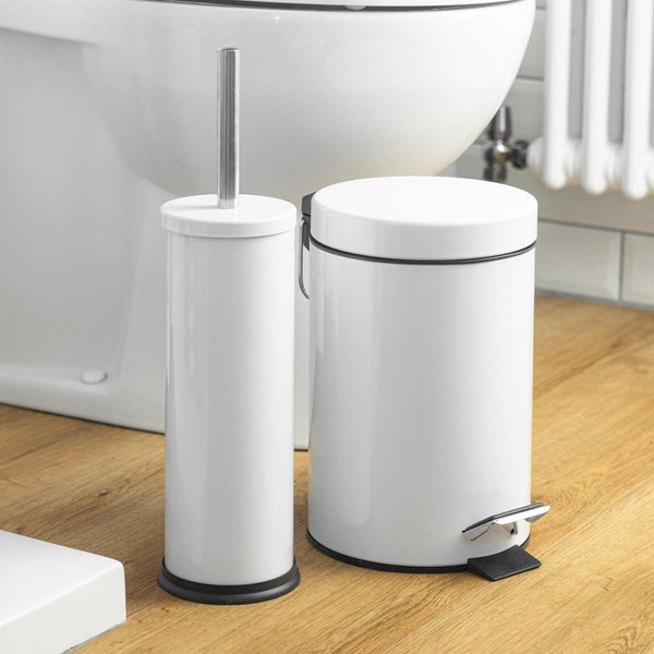 Nicola Spring White Round Stainless Steel Toilet Brush & Bin Set
