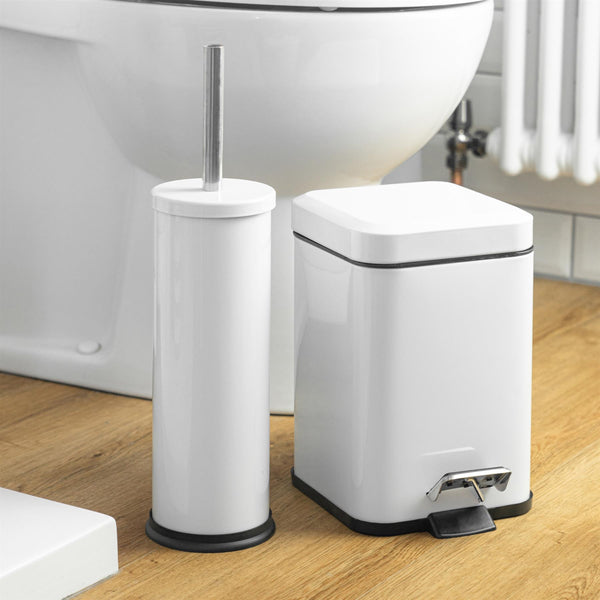Nicola Spring White Round Toilet Brush & Square Bin Set