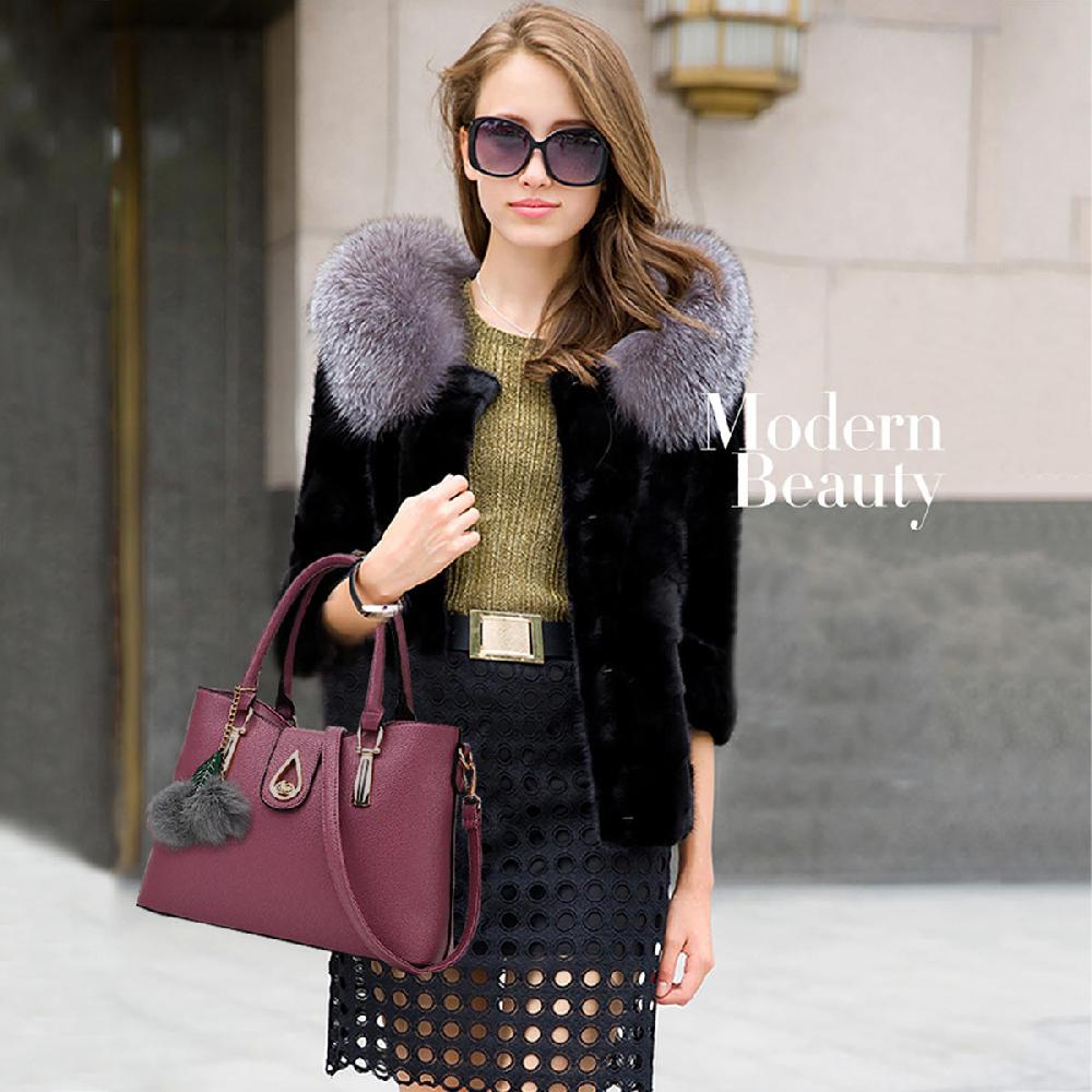 Nicole & Doris 3 Pcs Ladies Artificial Fur Ball Handbag Sets