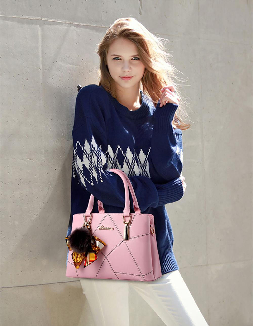 Nicole & Doris Elegant Pom Pom & Silk Scarf Decor Messenger Bag