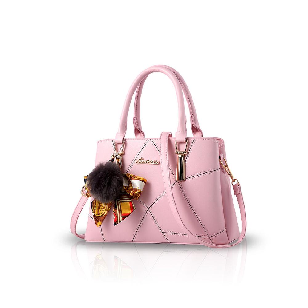 nicole & doris Elegant Pom Pom & Silk Scarf Decor Messenger Bag