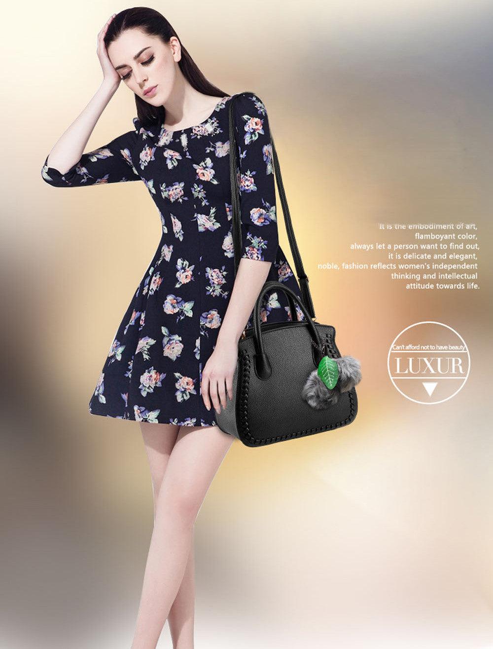 Nicole & Doris Fashion Pom Pom & Leaf Decor Messenger Bag