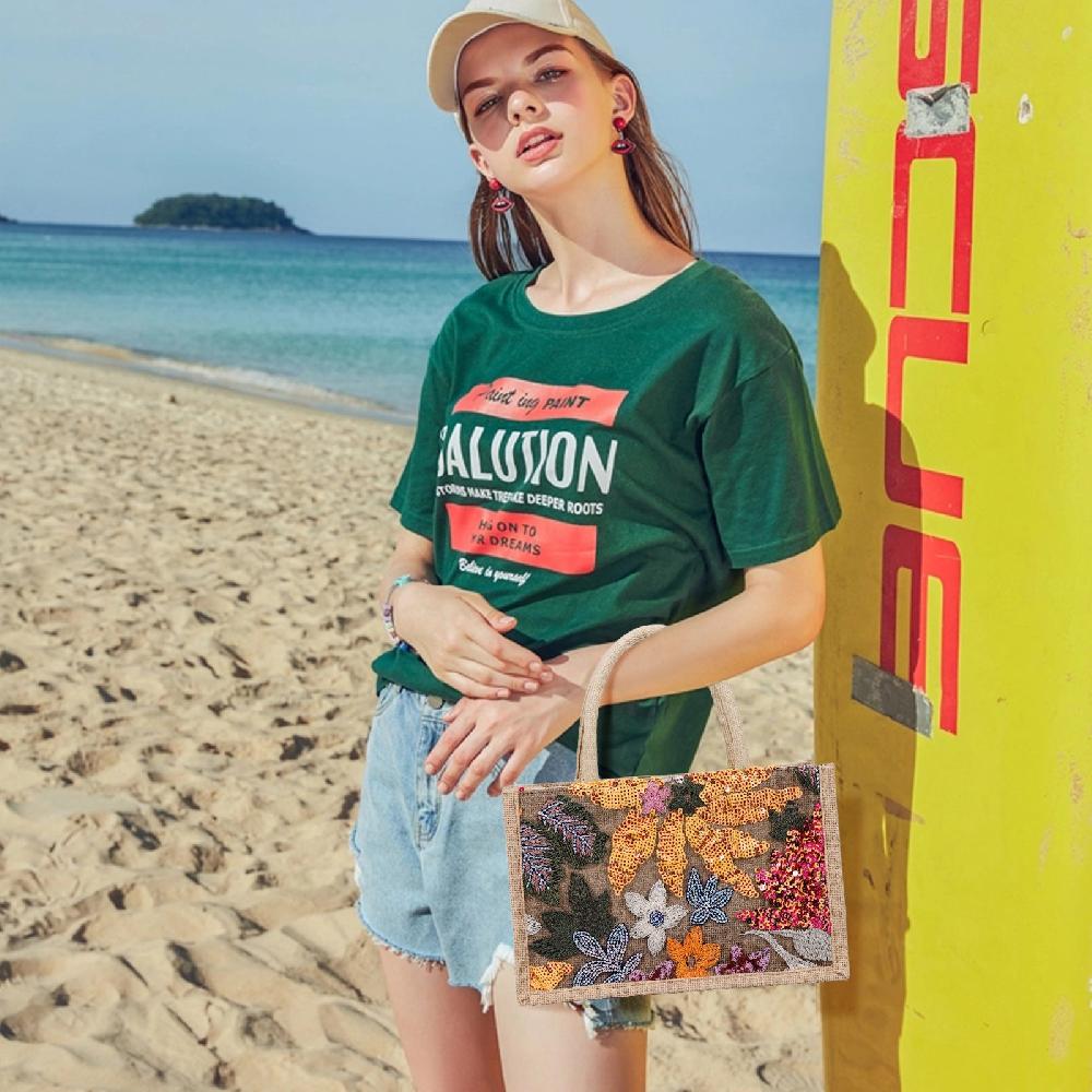 Nicole & Doris Jute Lunch Bag Ladies Handbags With Embroidered Flower