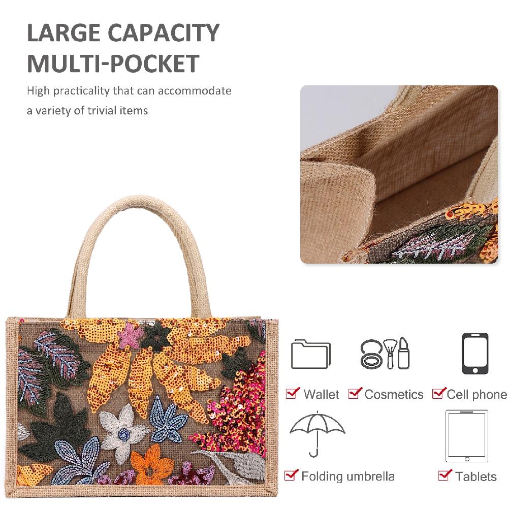 Nicole & Doris Jute Lunch Bag Ladies Handbags With Embroidered Flower