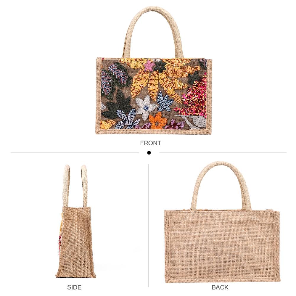 Nicole & Doris Jute Lunch Bag Ladies Handbags With Embroidered Flower