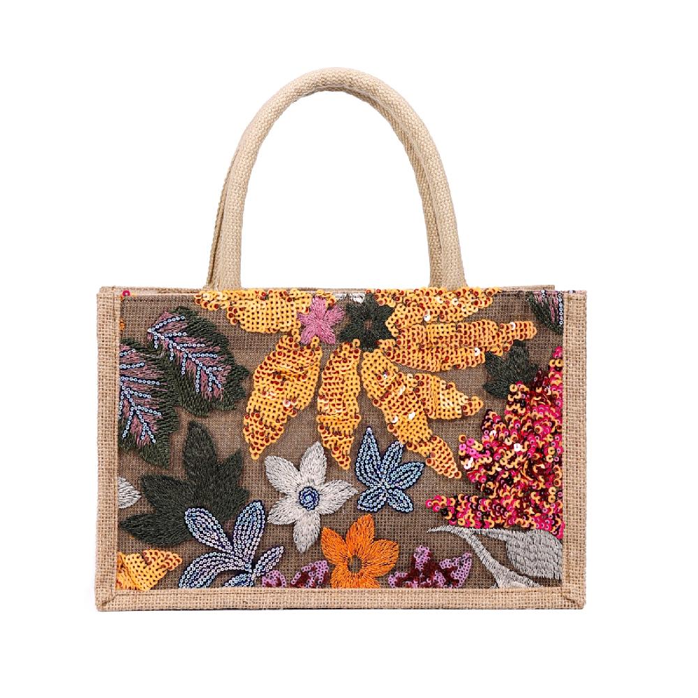 nicole & doris Jute Lunch Bag Ladies Handbags with Embroidered Flower