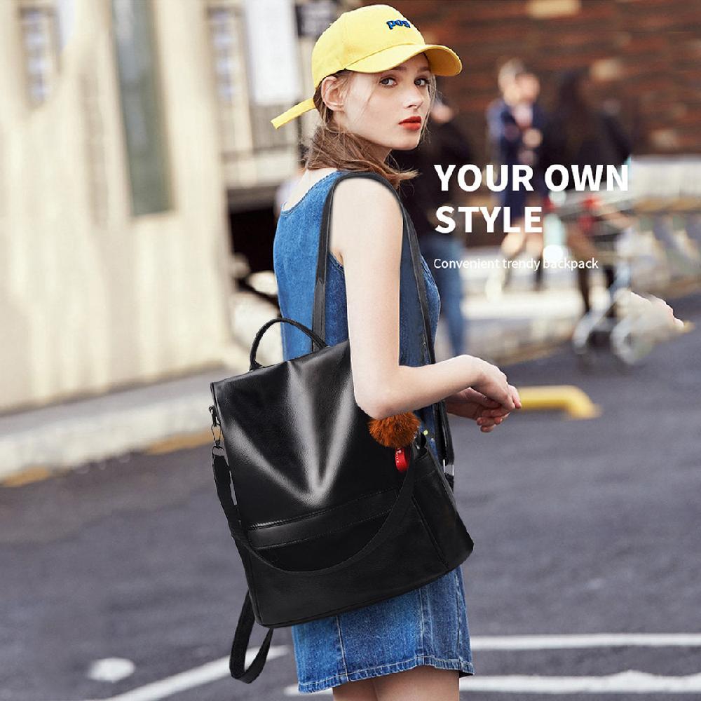 Nicole & Doris Brown Pom Pom Decor Plain Backpack