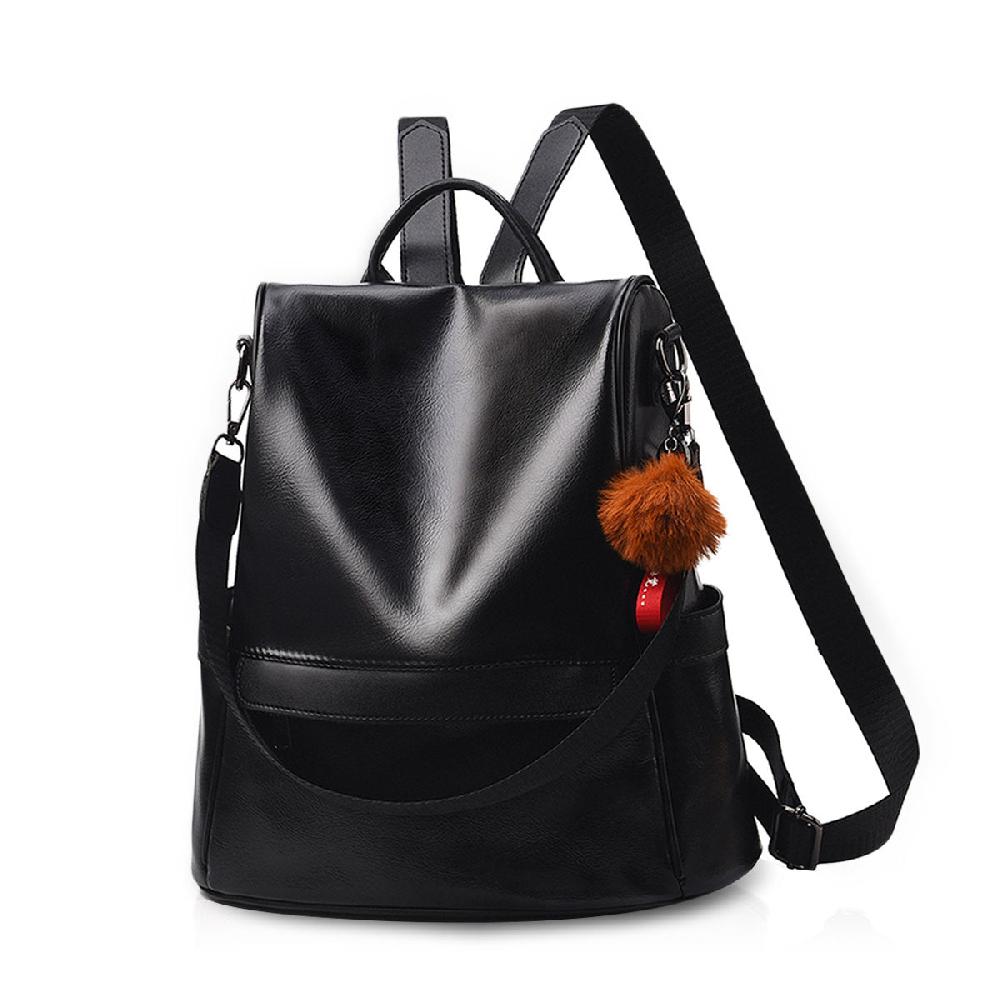 nicole & doris Brown Pom Pom Decor Plain Backpack
