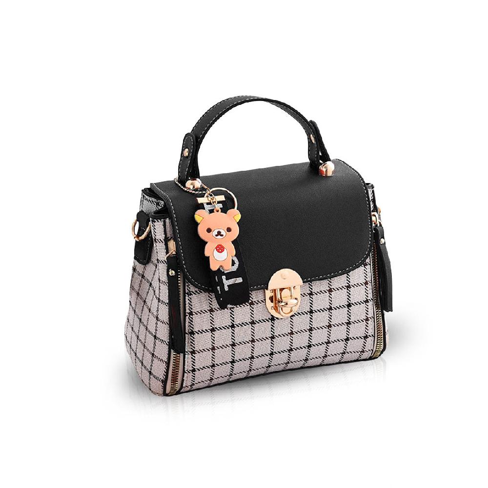 nicole & doris Cute Bear Decor Plaid Handbag