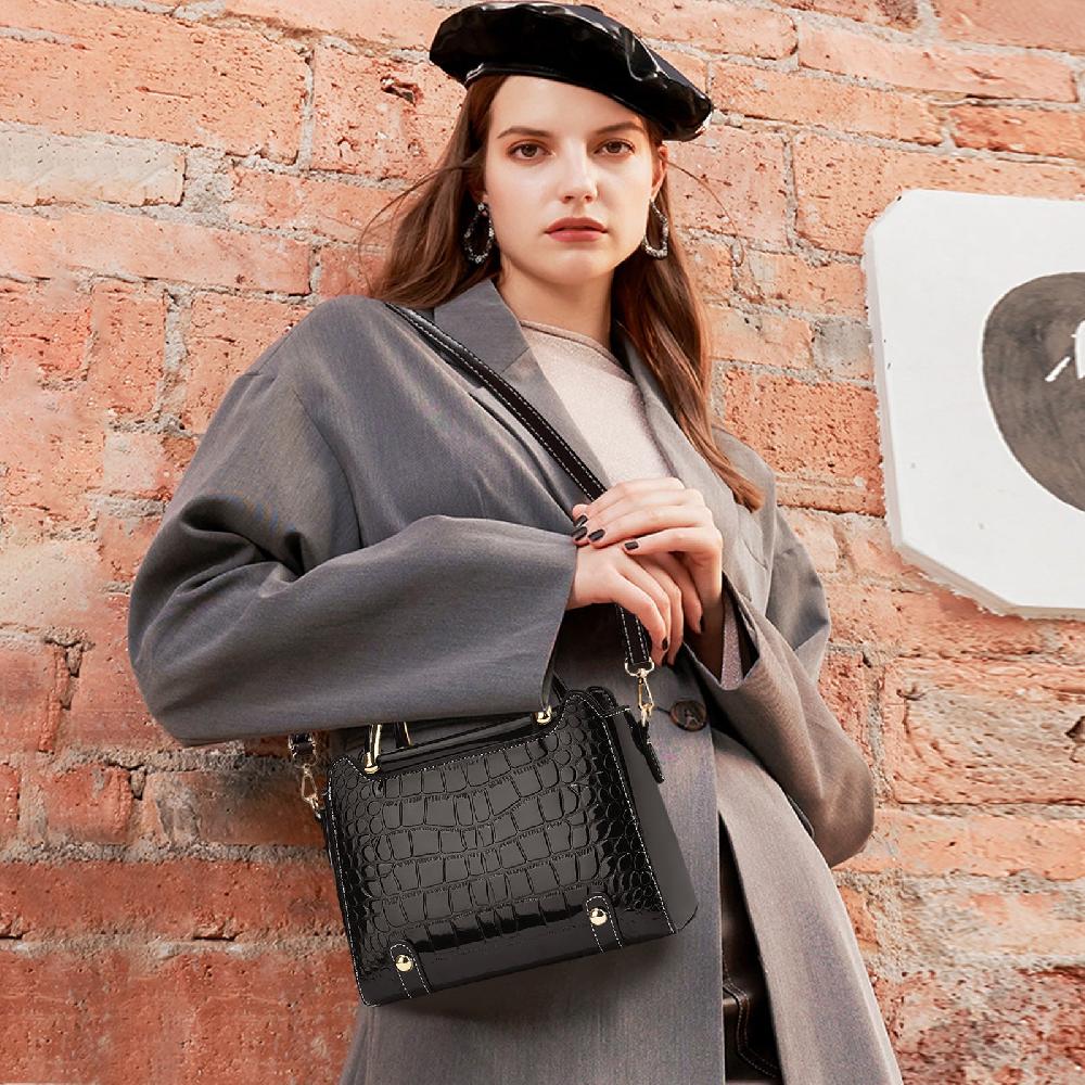 Nicole & Doris Small Top Handle Handbags Patent Crocodile Handbag