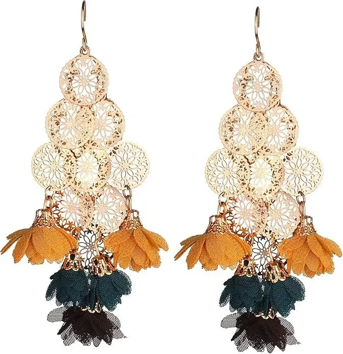 nicole miller Layered Round Rosegold Filigree Orange Green Brown Flowers Dangle Earrings