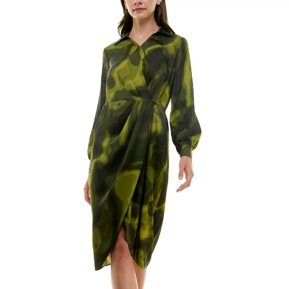 nicole miller Printed Surplice Satin Shirtdress