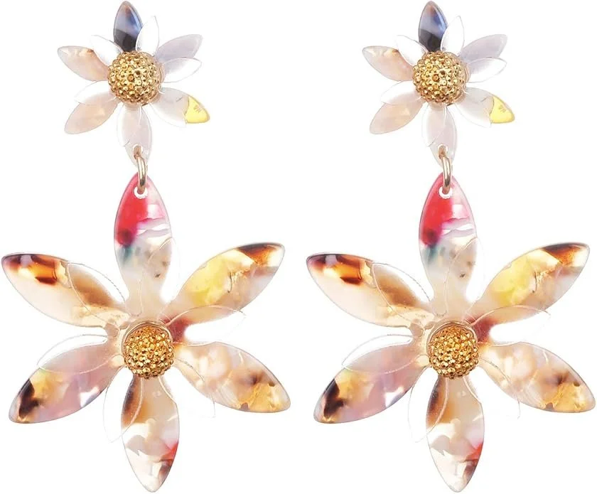nicole miller Two Flowers Different Sizes Off-white Acrylic Transparent Gold Dangle Earrings
