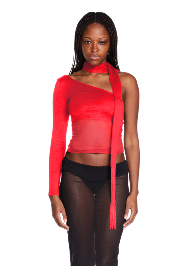 niihai ASYMMETRIC NECK TIE TOP IN TRUE RED