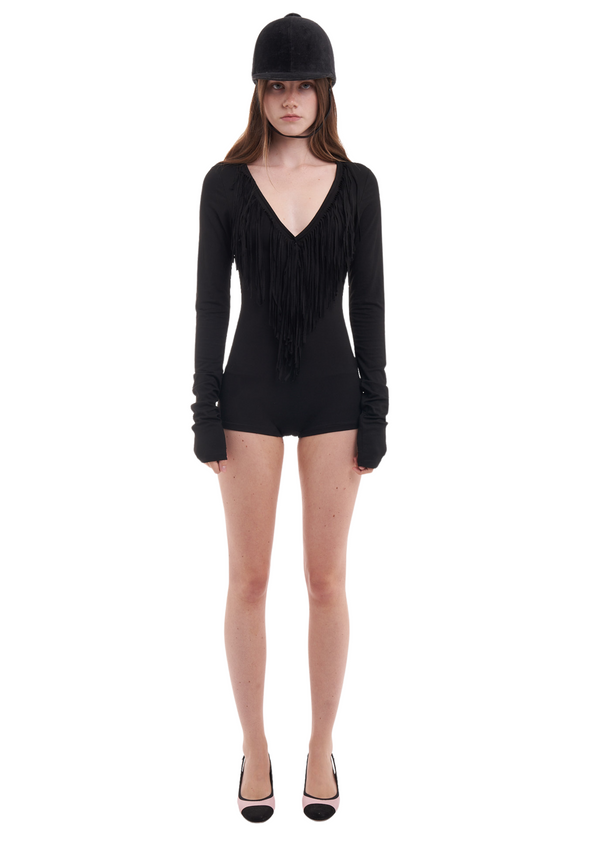 niihai FRINGE LONG-SLEEVE PLAYSUIT IN BLACK
