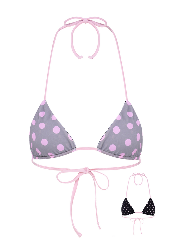 niihai POLKA TRIANGLE BIKINI TOP IN REVERSE GREY BLACK & PINK