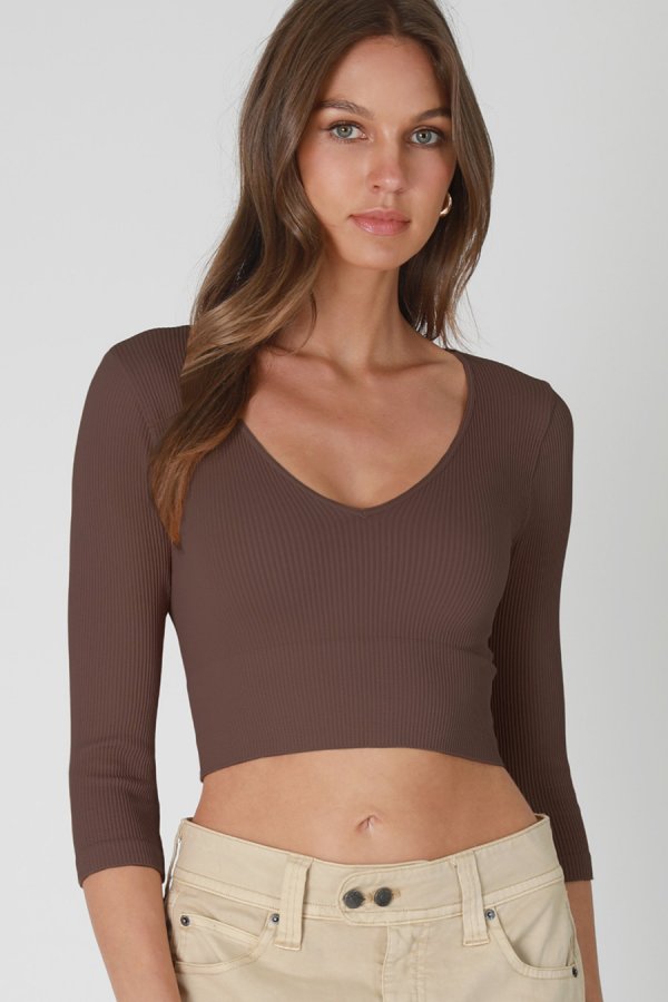 nikibiki Ribbed 3/4 Sleeve V Neck Crop Top
