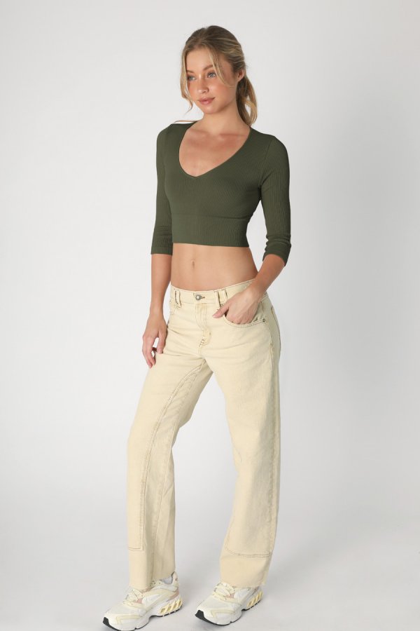 Nikibiki Ribbed 3/4 Sleeve V Neck Crop Top