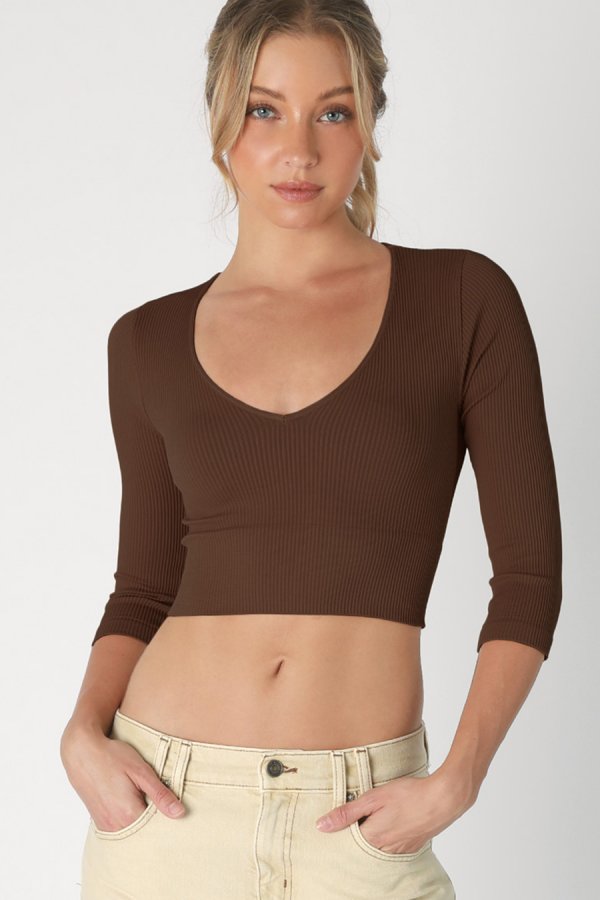 nikibiki Ribbed 3/4 Sleeve V Neck Crop Top