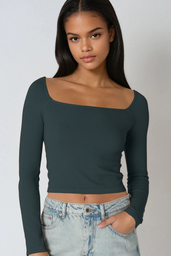 nikibiki Ribbed LS Square Neck Top