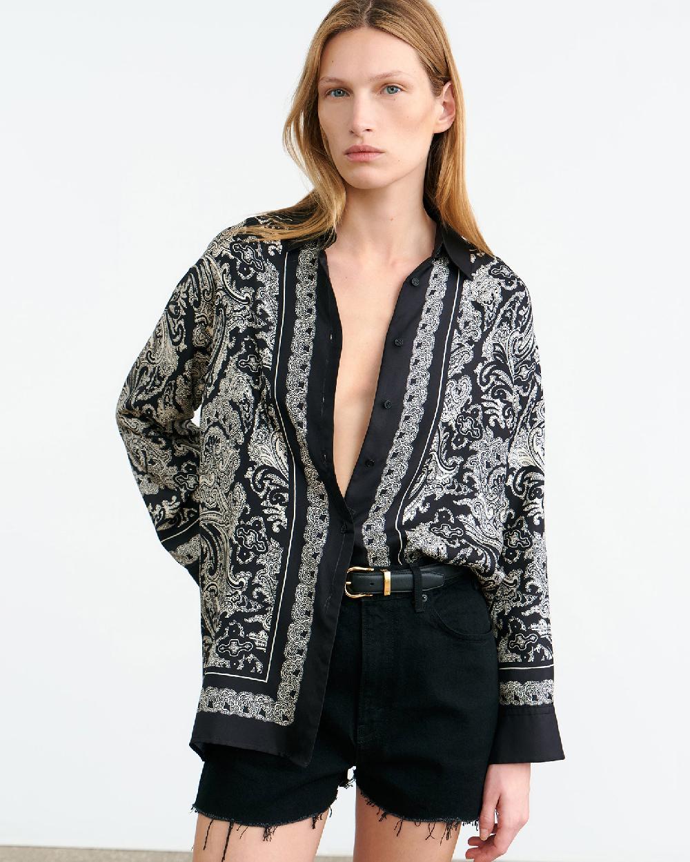 Nili Lotan ALFIE SILK SHIRT BLACK/IVORY PAISLEY SCARF