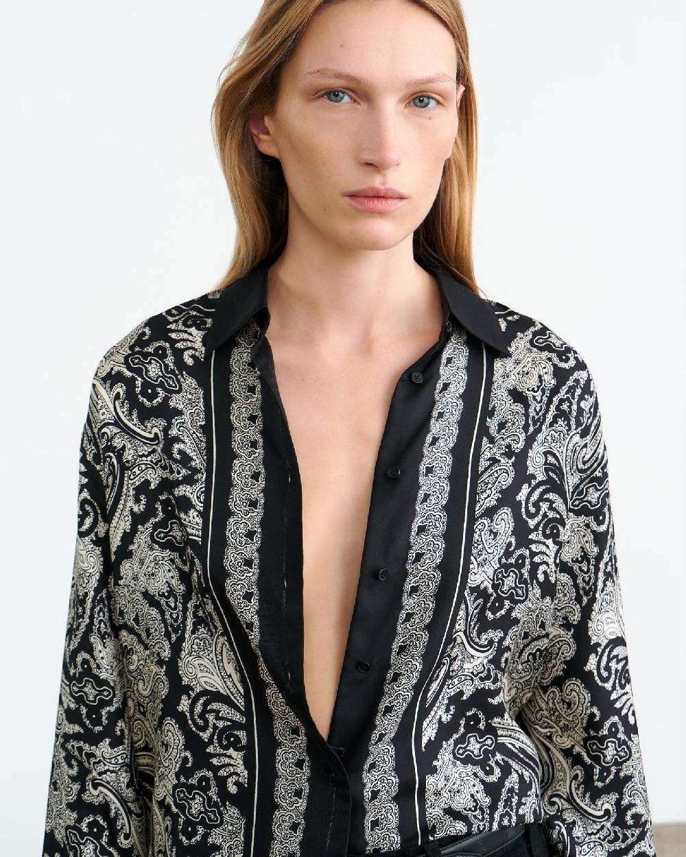 Nili Lotan ALFIE SILK SHIRT BLACK/IVORY PAISLEY SCARF
