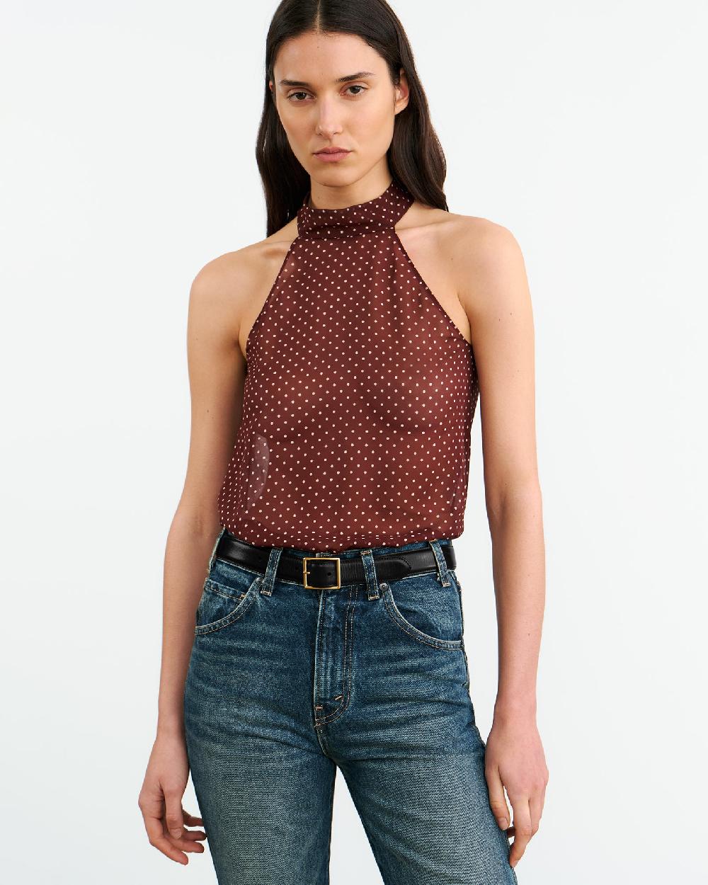 Nili Lotan ALLA SILK HALTERNECK TOP BORDEAUX/CREAM DOTS