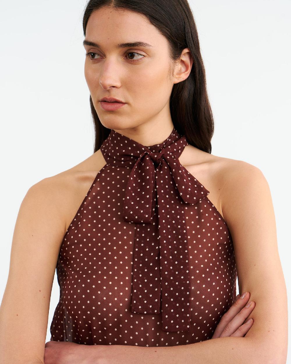Nili Lotan ALLA SILK HALTERNECK TOP BORDEAUX/CREAM DOTS