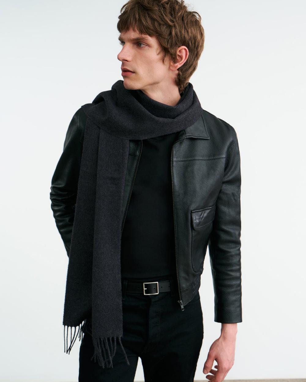 Nili Lotan CASHMERE WOVEN SCARF DARK CHARCOAL HERRIBONE