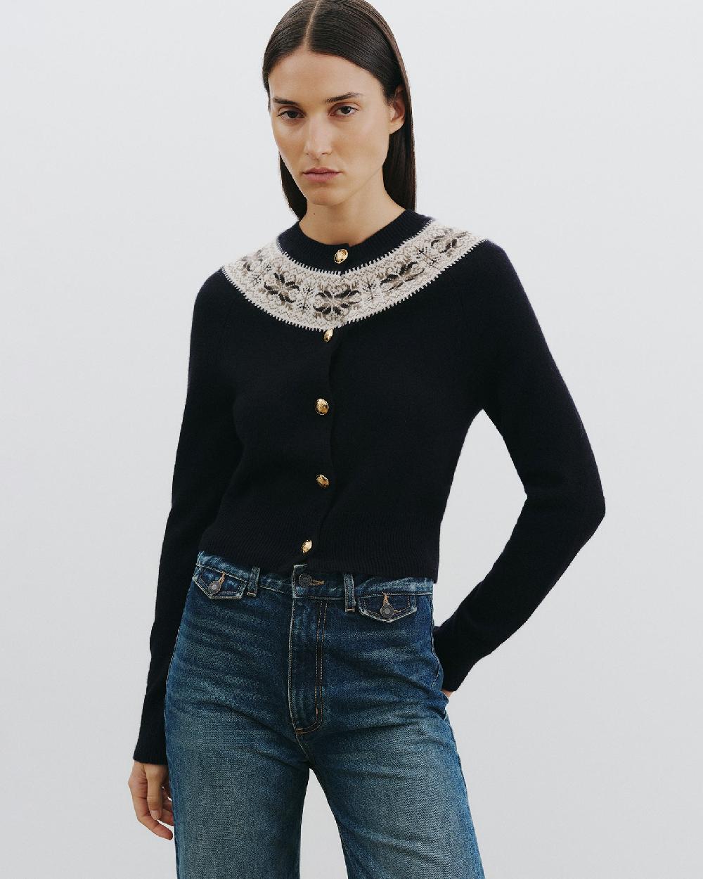Nili Lotan JOSEFA CASHMERE CARDIGAN DARK NAVY FAIR ISLE