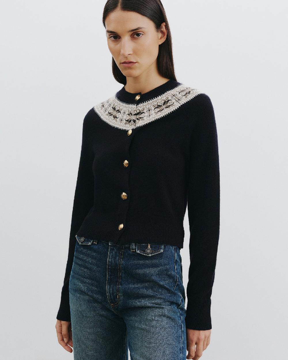 Nili Lotan JOSEFA CASHMERE CARDIGAN DARK NAVY FAIR ISLE