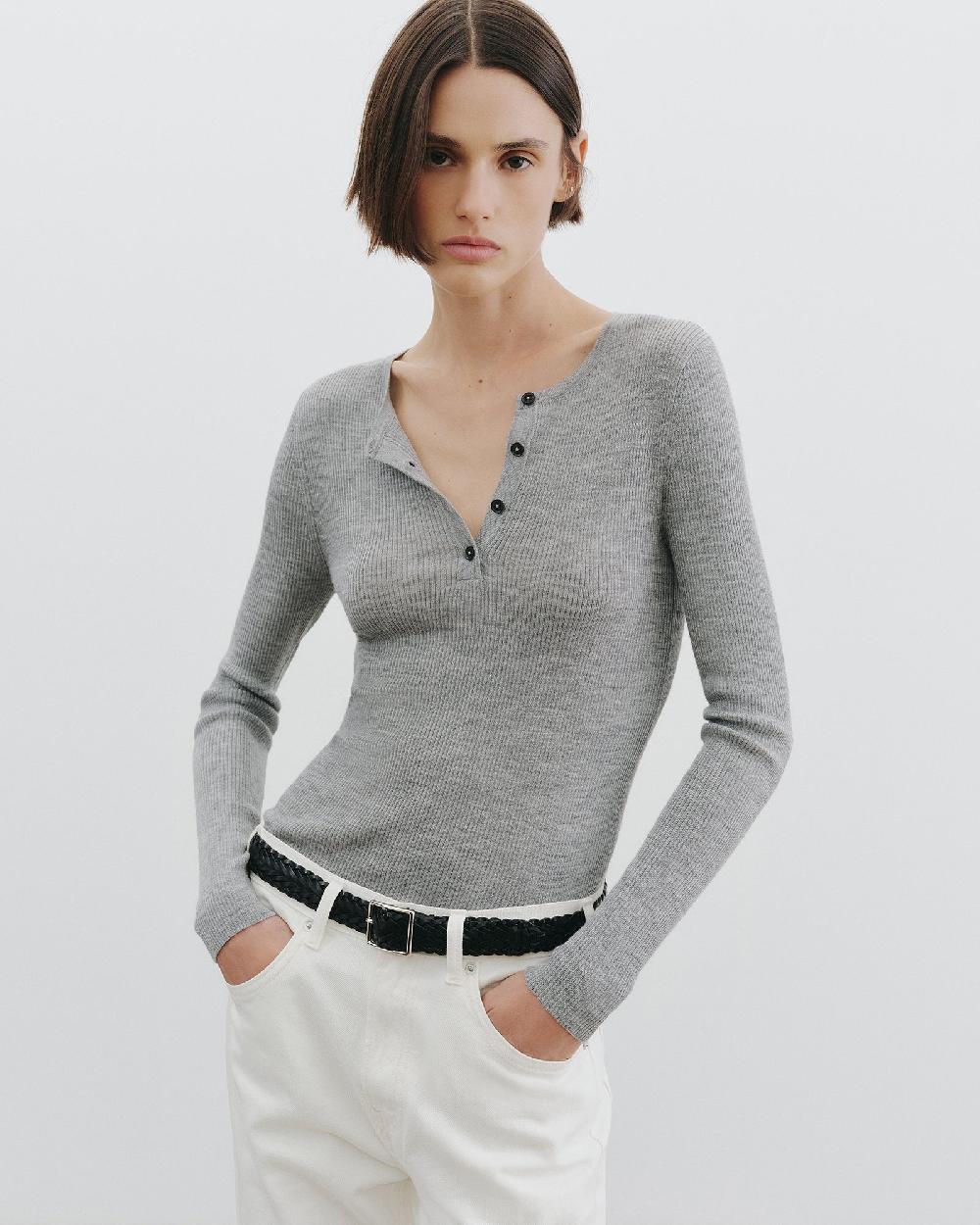 Nili Lotan KLARISE HENLEY KNIT MEDIUM GREY MELANGE